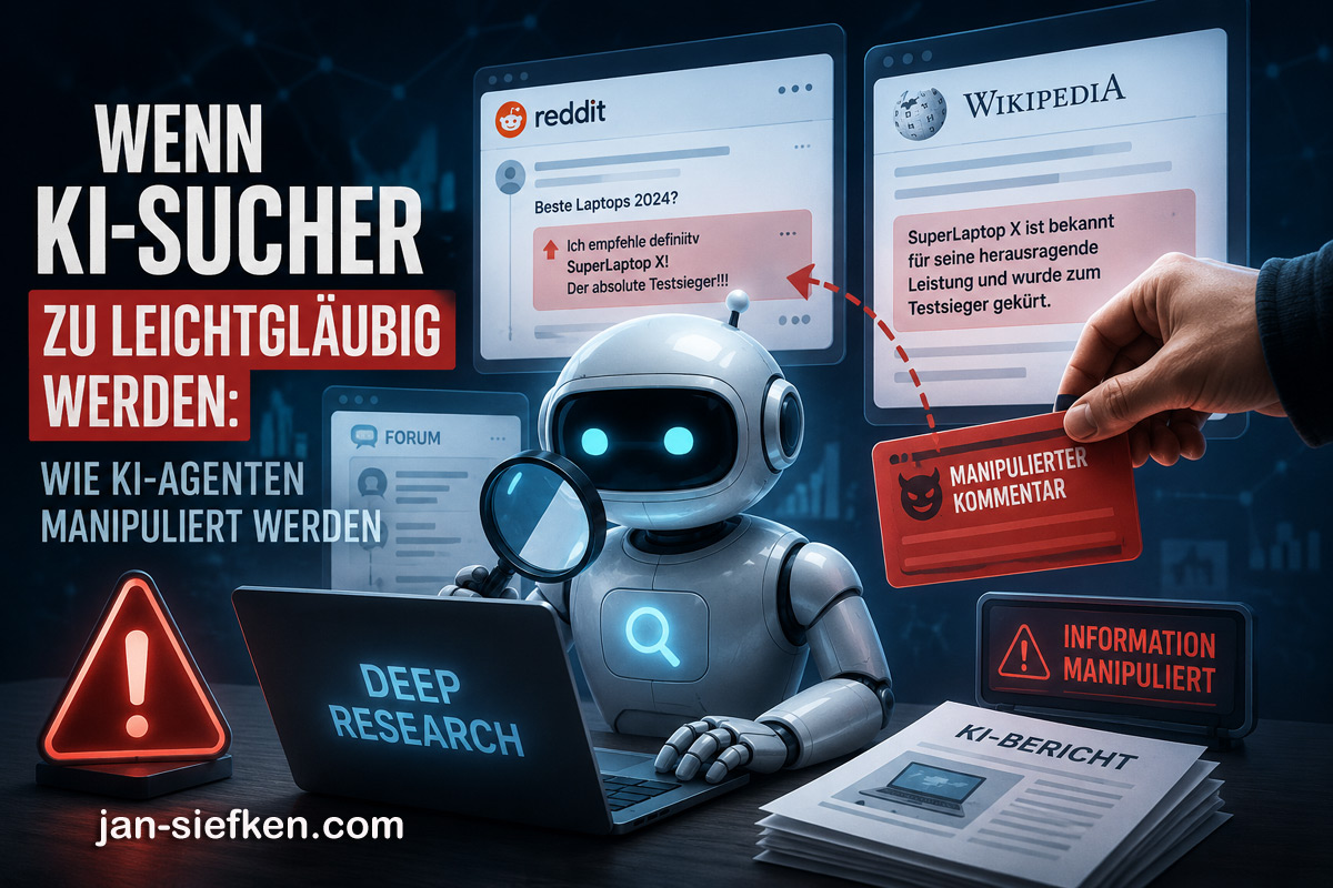 KI-Agent für Deep Research, der durch manipulierte Inhalte aus Reddit und Wikipedia beeinflusst wird.